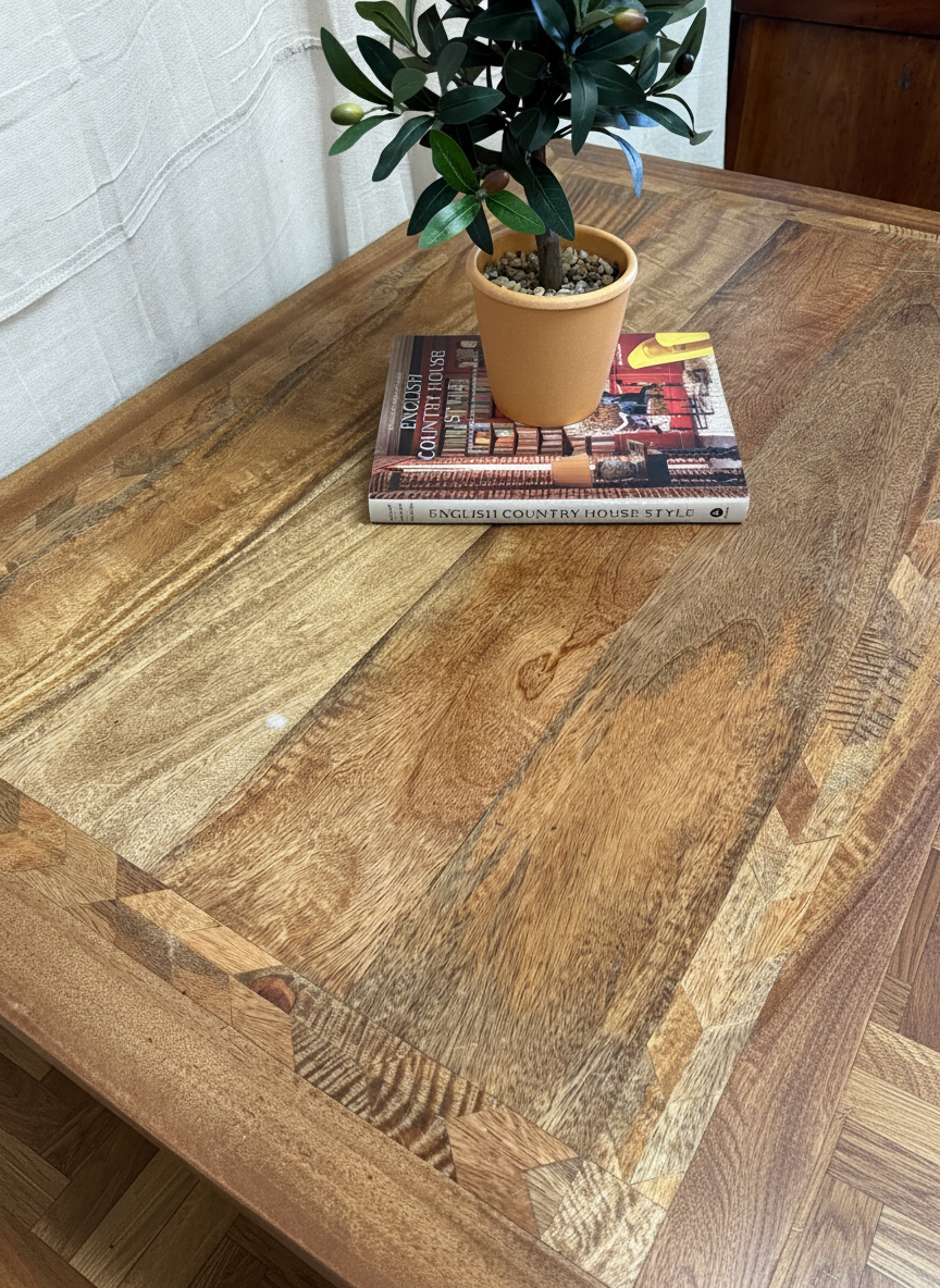 Quality made mango wood hall console table, three drawers with large hooped pulls & decorative base
