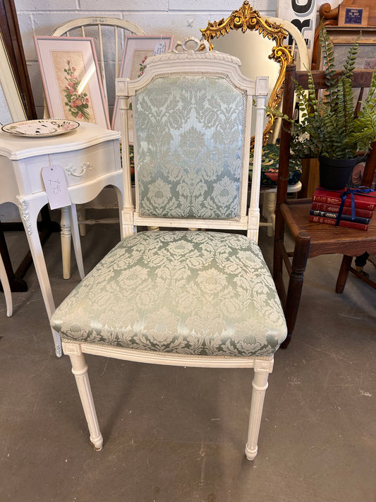 Beautiful Shabby French carved wood chair blue jacquard fabric