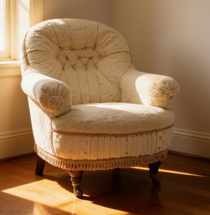 Victorian Antique button-back nursing chair with cream floral damask fabric on castors