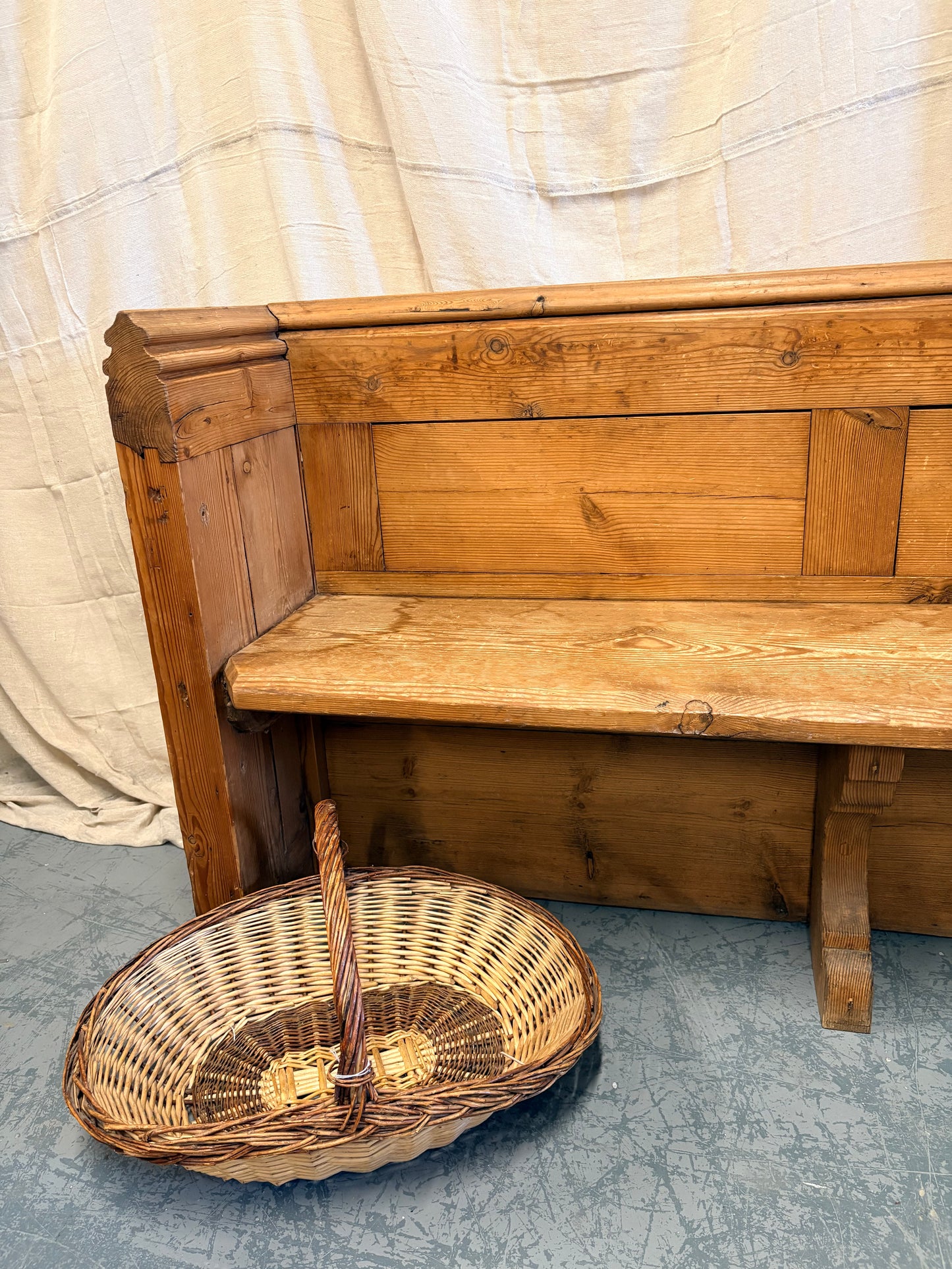 Antique Pitch Pine Bench Pew Panelled sides and Shelf to back