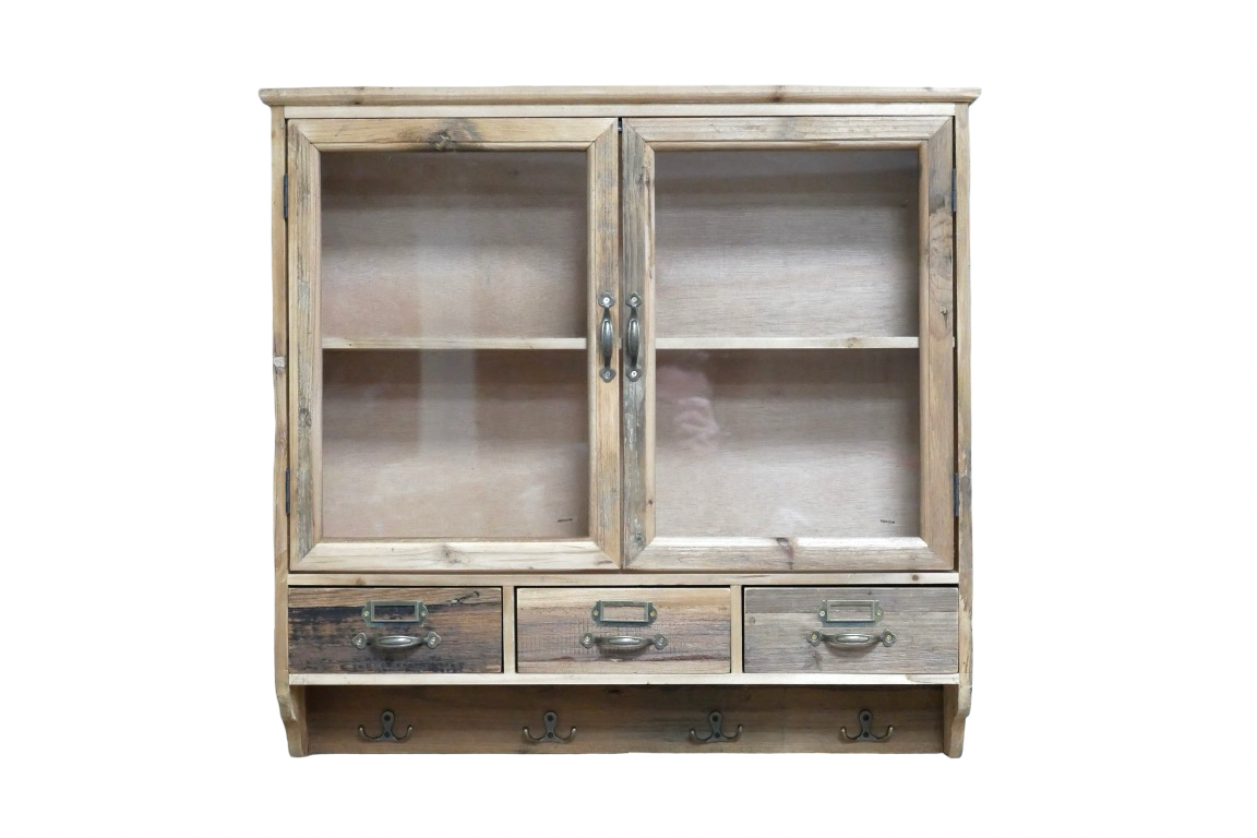 Modern Country Farmhouse Wood Wall Cupboard Drawers & Hooks