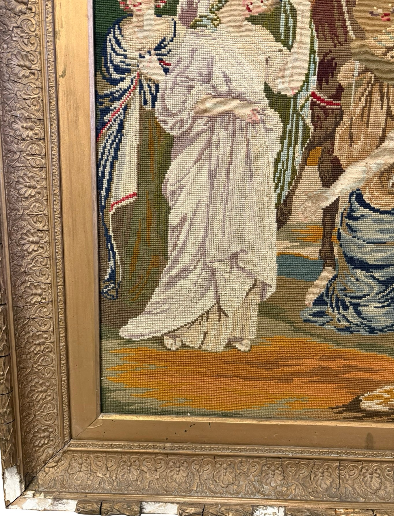 Impressive Large 19th Century Needlepoint Tapestry Biblical Religious scene Gilt Frame