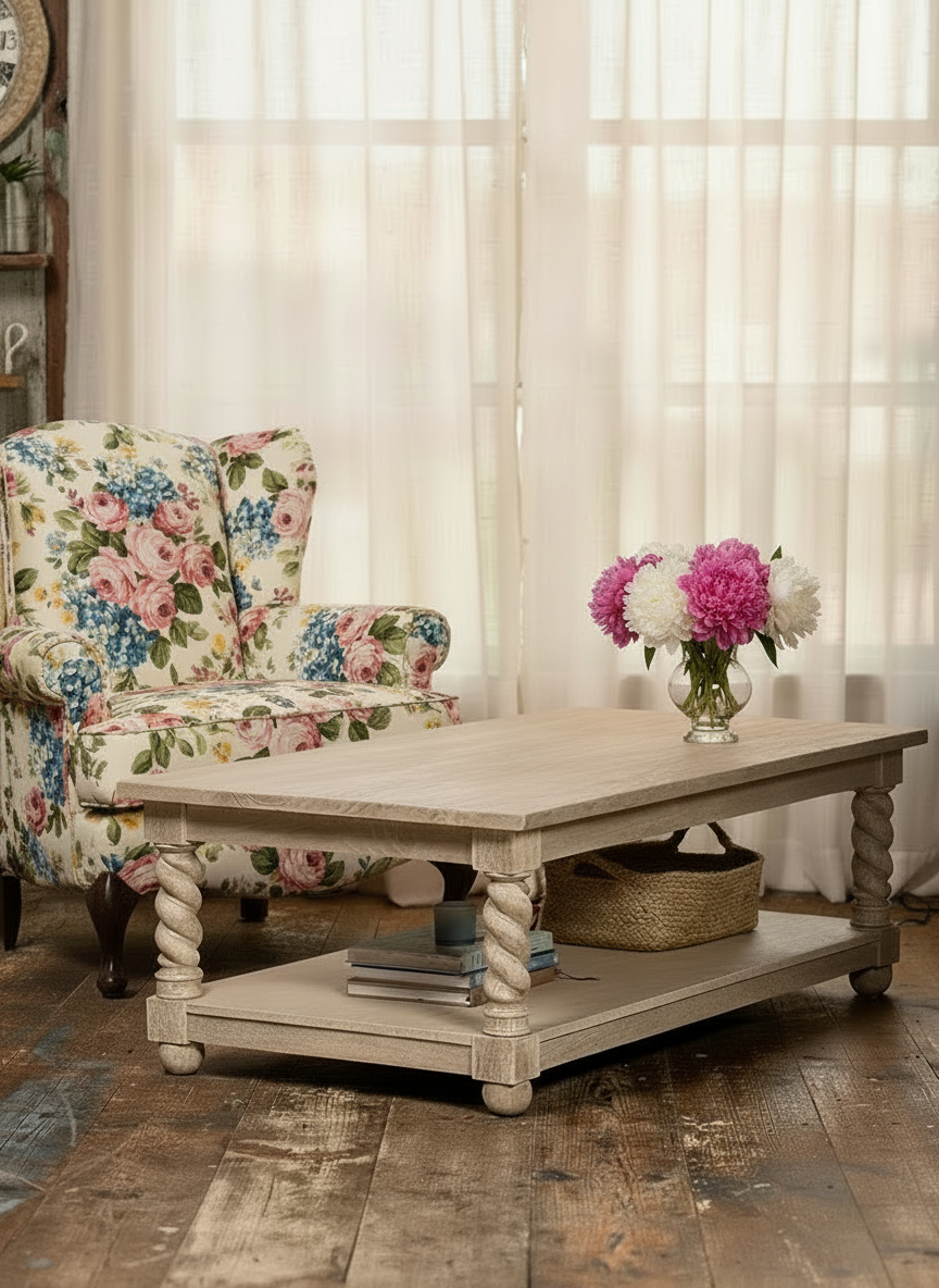 Acacia wood twist column leg coffee table with undershelf