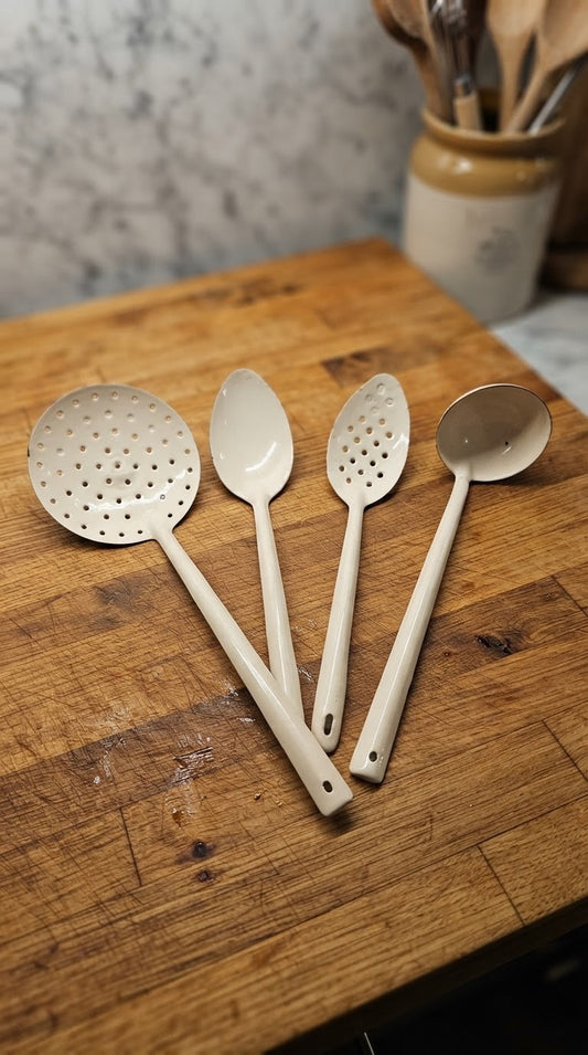 Set of 4 Vintage Cream Enamel Kitchen Cooking Utensils