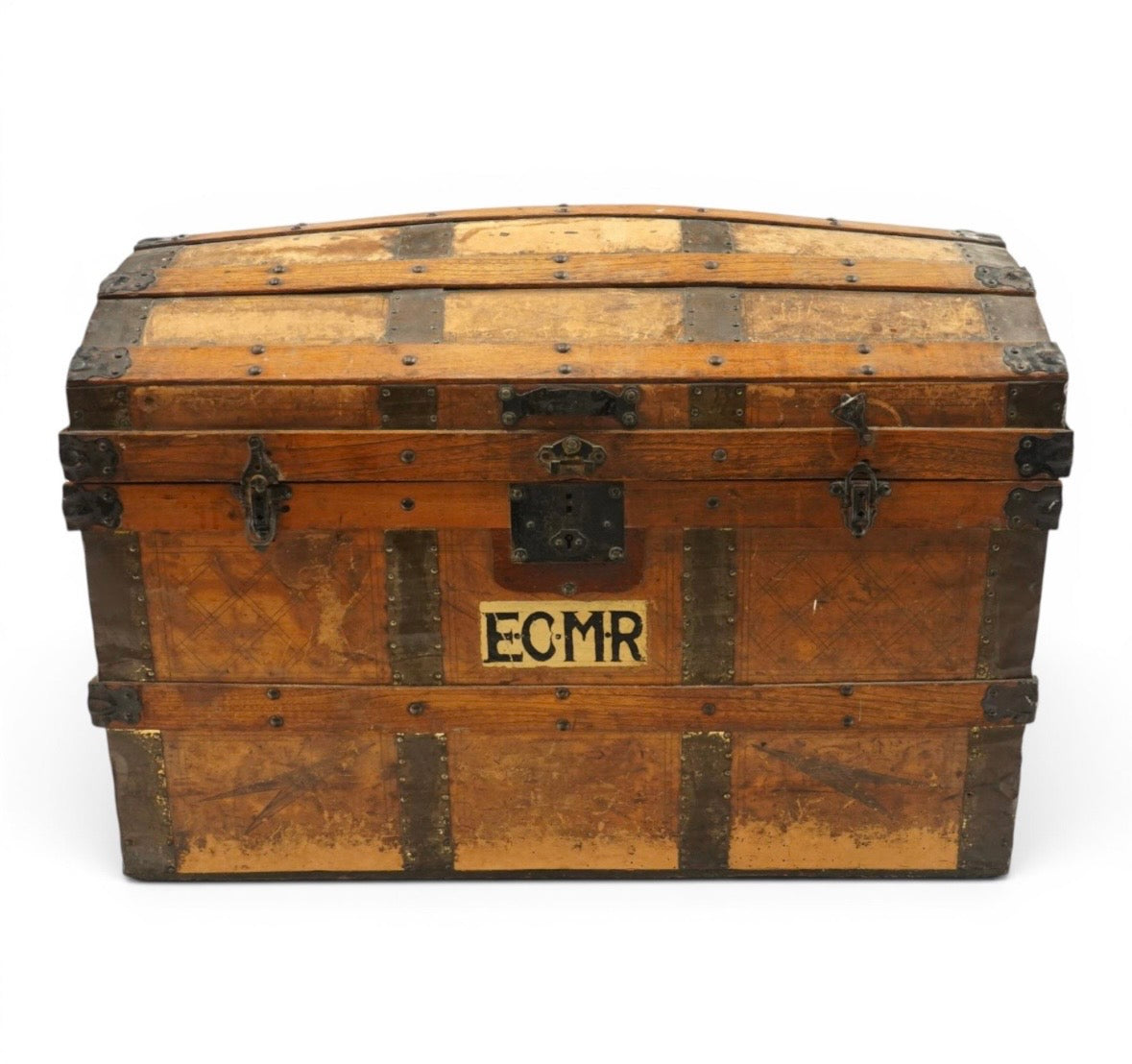 Antique 19th century pine and metal bound travelling trunk - Unique Storage ￼
