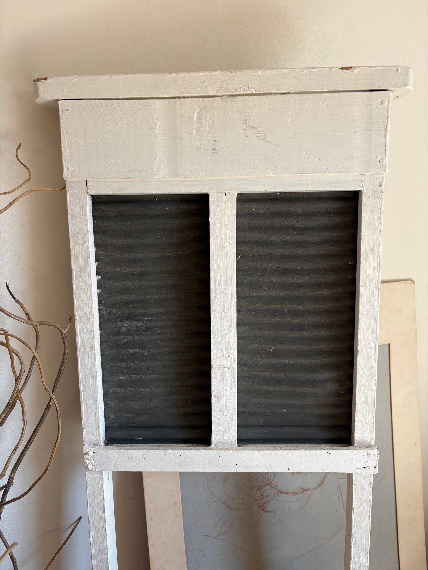 Vintage White Wooden and Metal Washboard