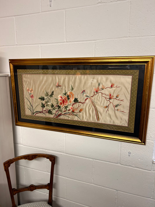 Large Framed mounted Vintage Oriental Silk Embroidery piece