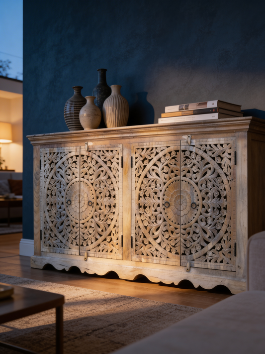 Bohemian Large Mango Wood Carved Sideboard / Cupboard Modern Country Farmhouse