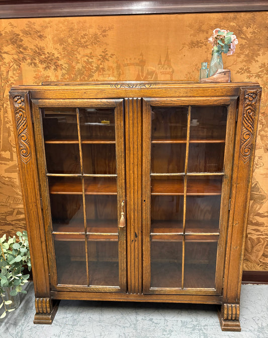Early 20thC Oak Glazed Shelving Display cupboard cabinet bookcase