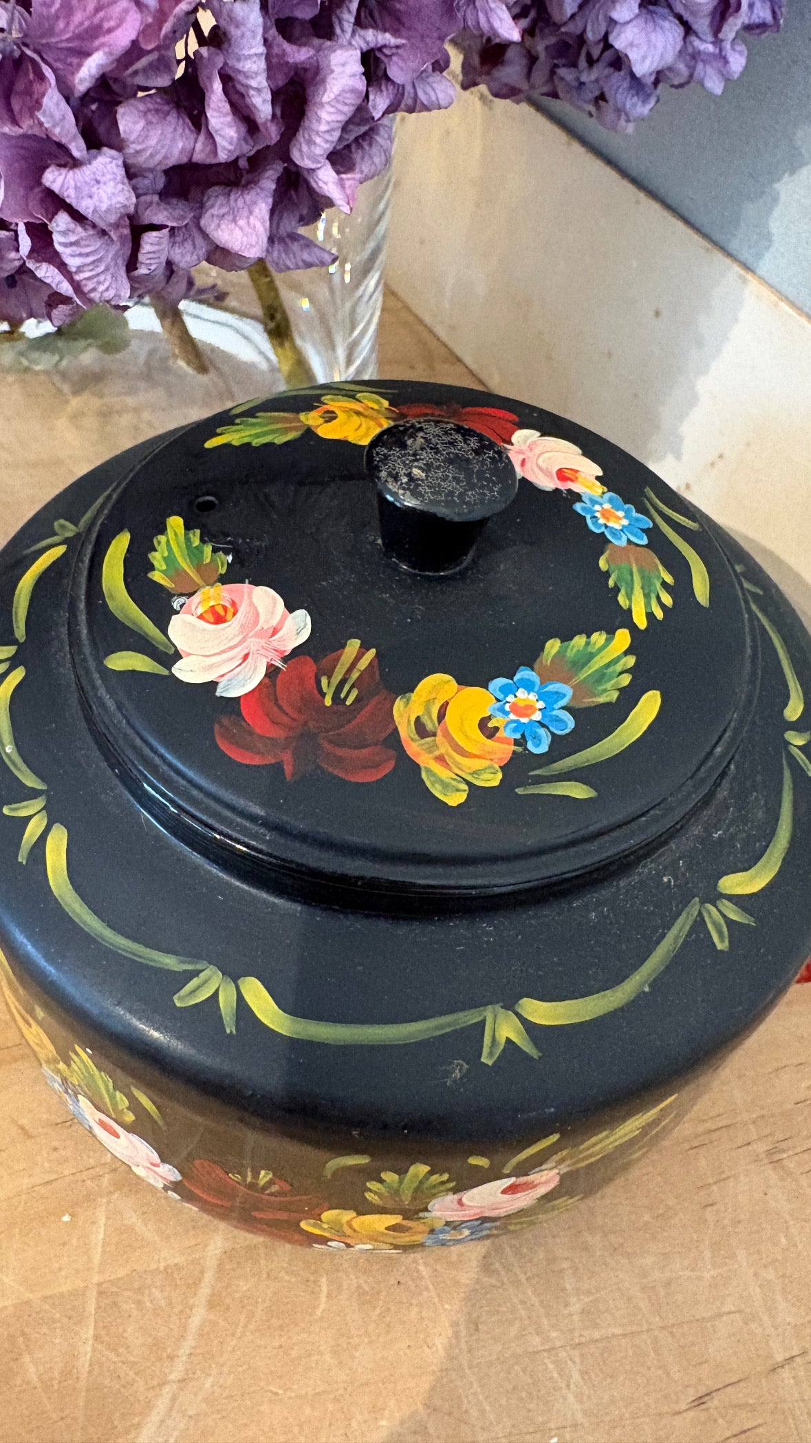 Vintage hand painted metal teapot folky colourful bargeware look