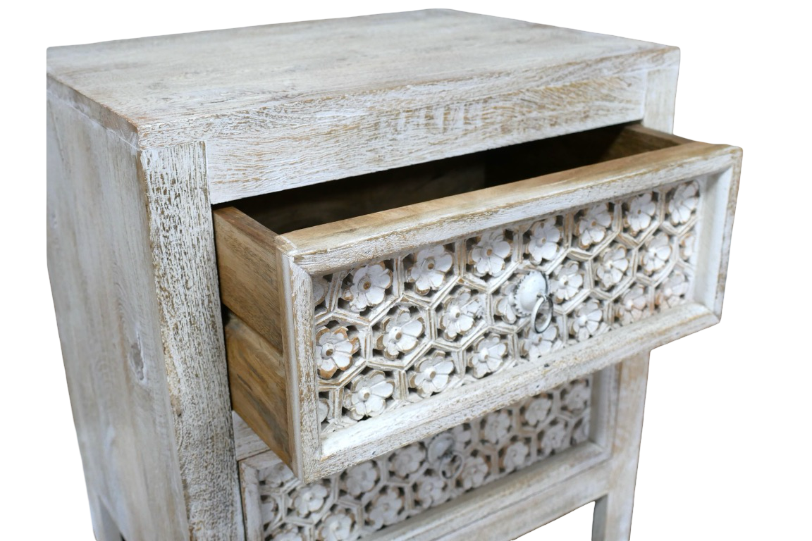 White Floral Carved Wooden Bedside Drawers Table storage