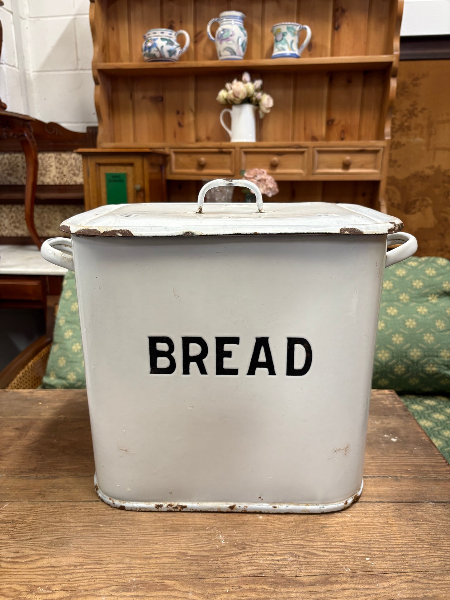 Vintage white metal kitchen storage bread bin with handles