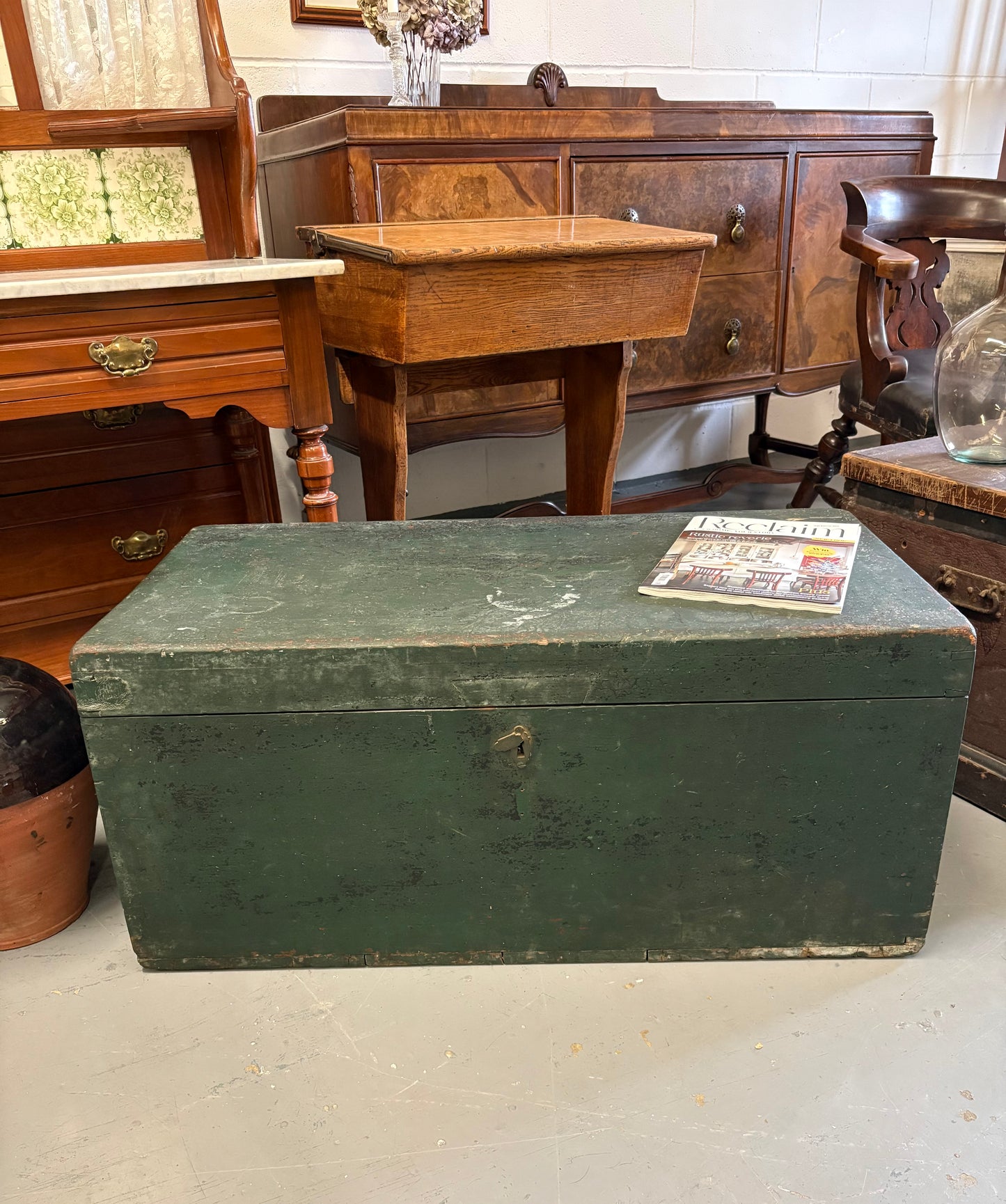 Green vintage wooden carpenters tool chest great coffee table and storage