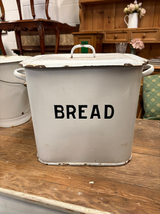 Vintage white metal kitchen storage bread bin with handles