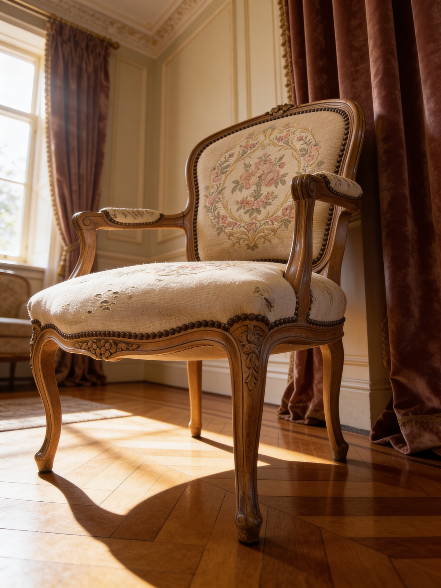 A French Louis Style Carved shabby tapestry vintage occasional bedroom chair