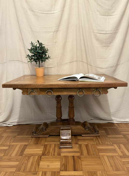 Quality made mango wood hall console table, three drawers with large hooped pulls & decorative base