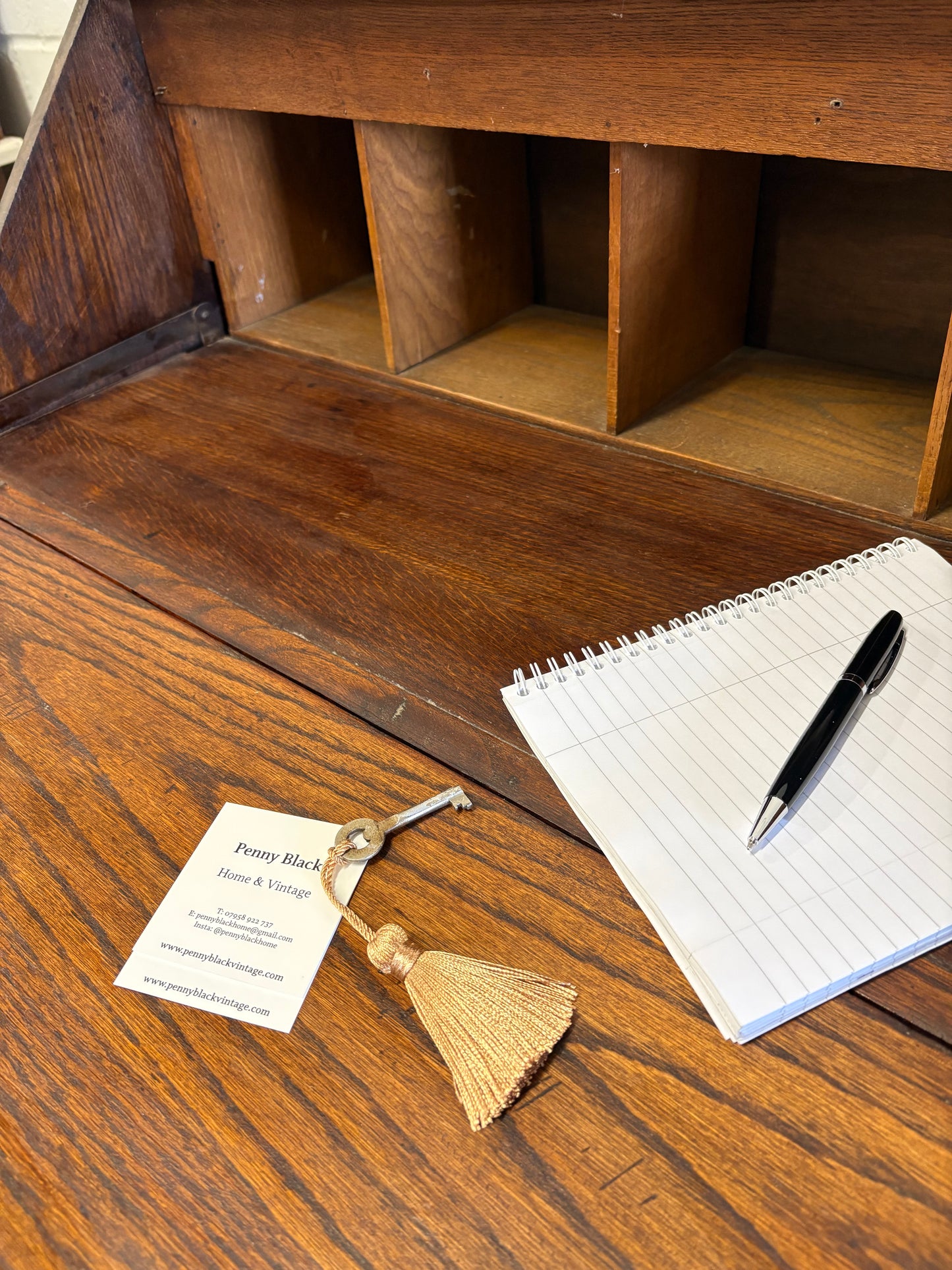 Early 20th Century Vintage Fold down Oak bureau writing desk drawers & key