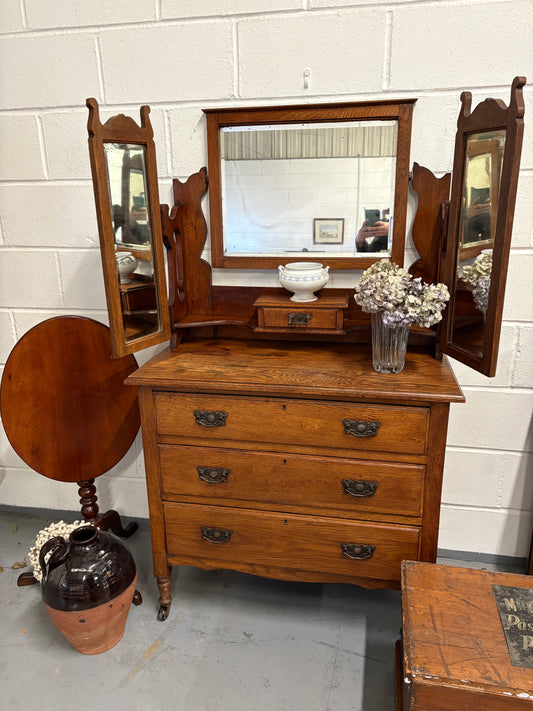 Edwardian Oak Antique Dressing Chest of Drawers with Mirrors