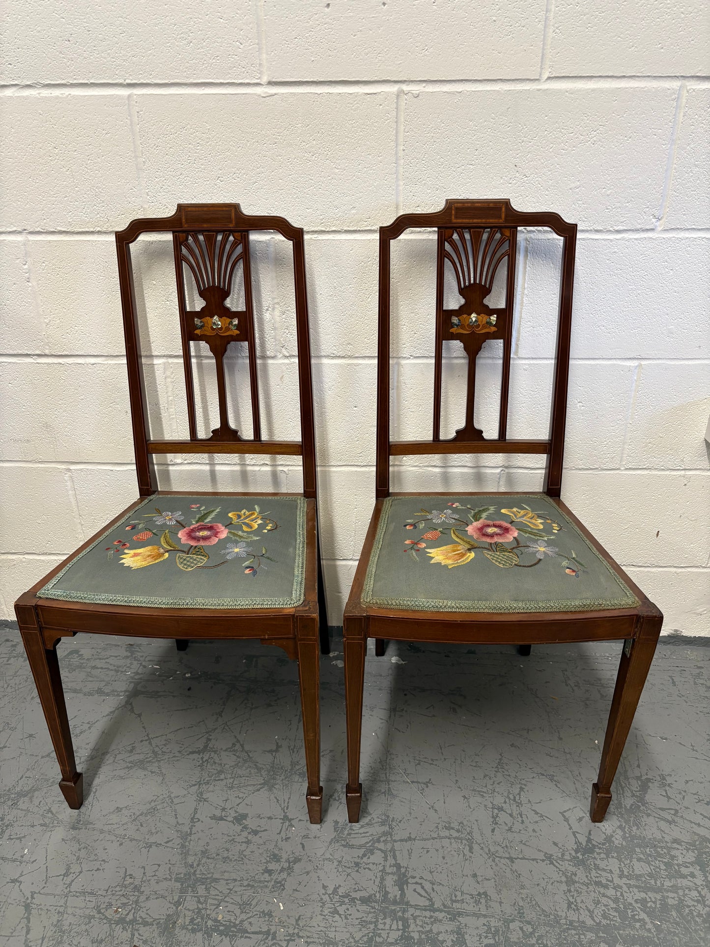 Two Beautiful inlaid mahogany bedroom / side chairs with marquetry panel, needlework seats
