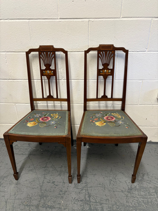 Two Beautiful inlaid mahogany bedroom / side chairs with marquetry panel, needlework seats
