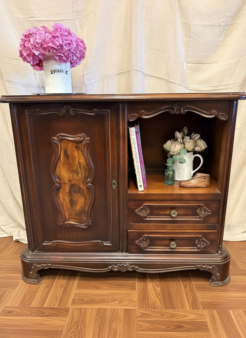 Vintage Carved Mahogany French Style Cabinet Storage Sideboard