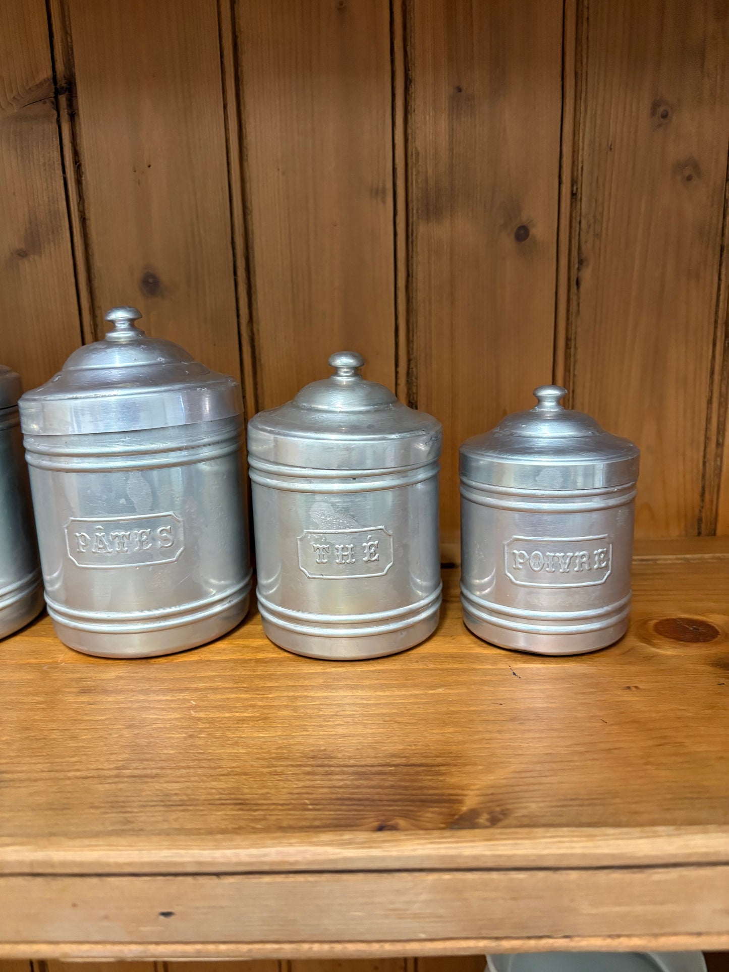 Set of six Vintage French metal Kitchen storage food canisters