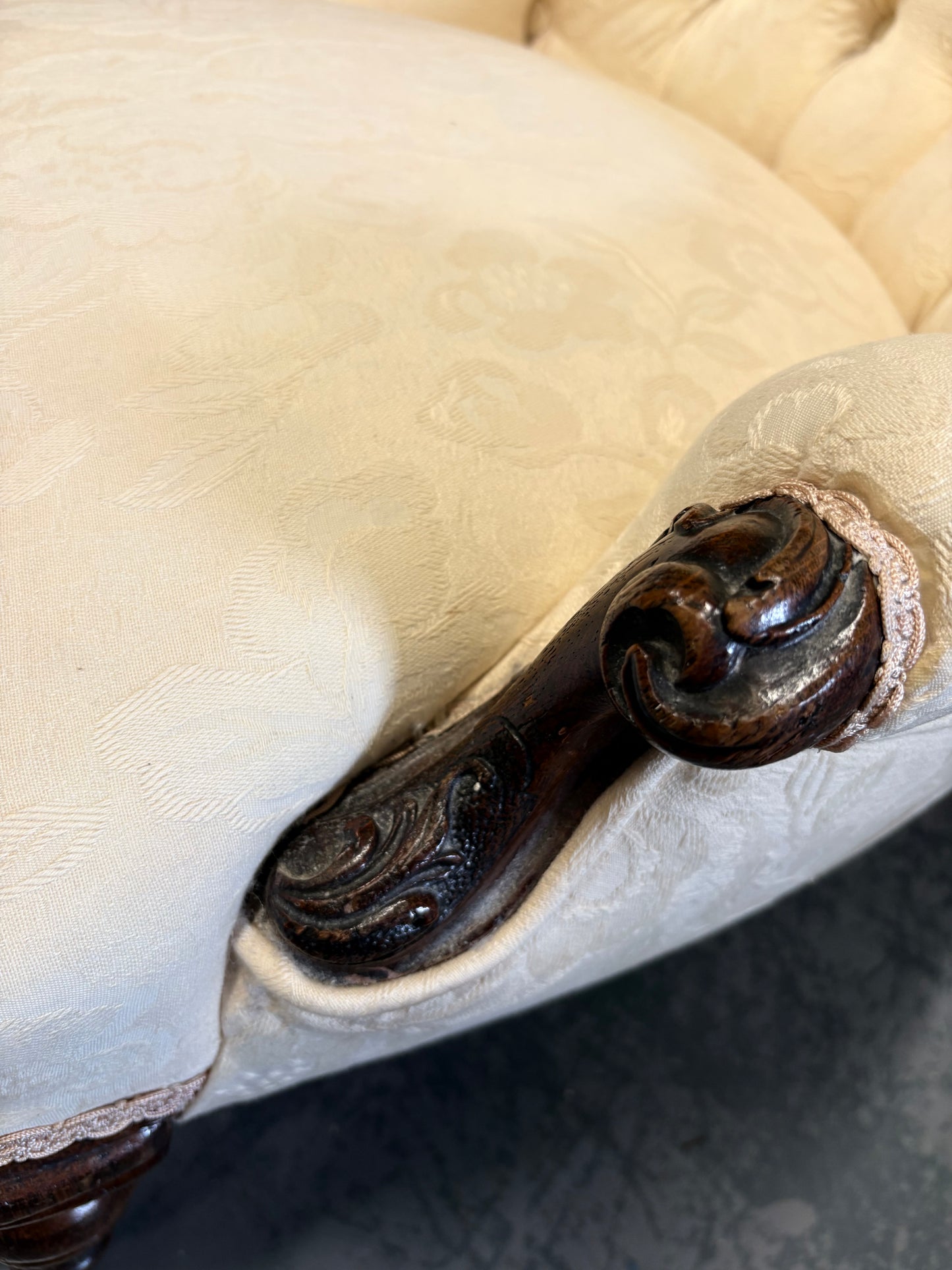 An Cream upholstered & carved Victorian mahogany Low Bedroom Chair