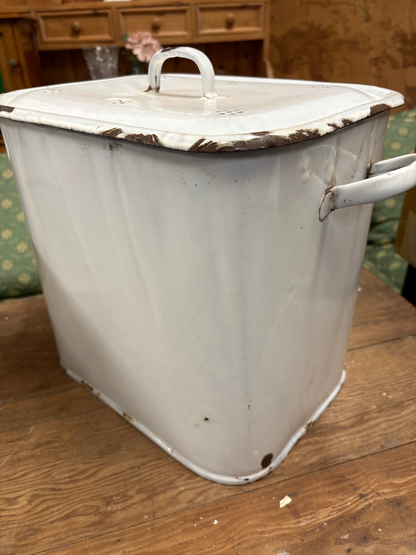 Vintage white metal kitchen storage bread bin with handles
