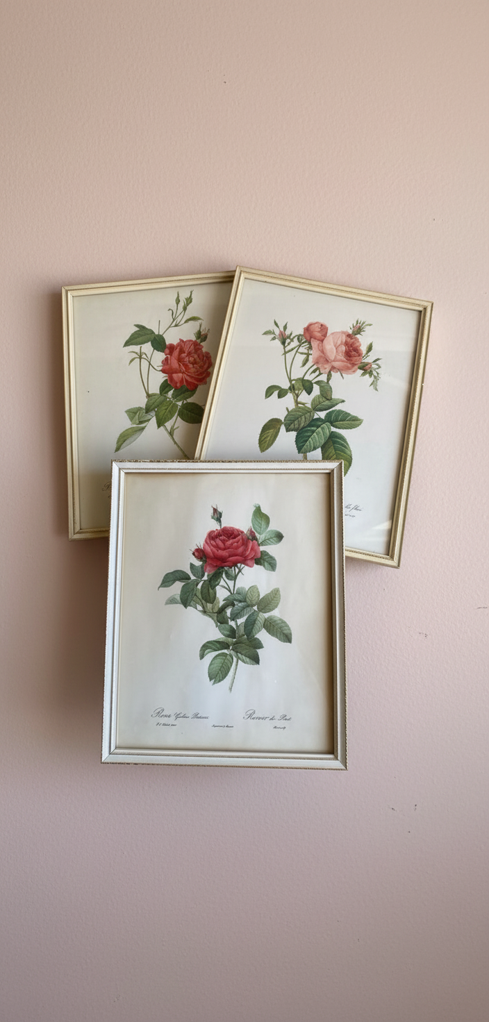 Set of three charming Vintage floral botanical Rose prints. ￼
