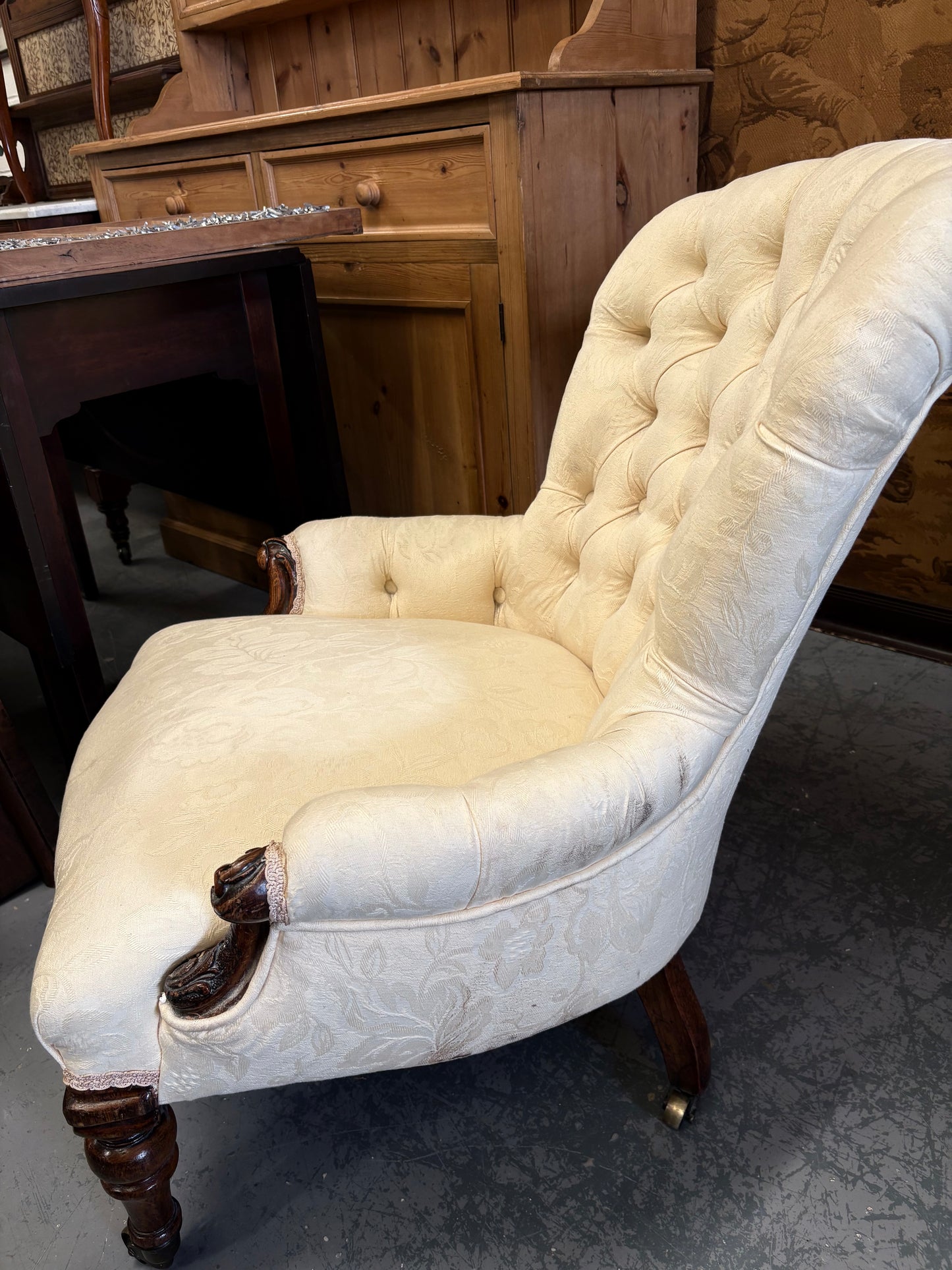 An Cream upholstered & carved Victorian mahogany Low Bedroom Chair