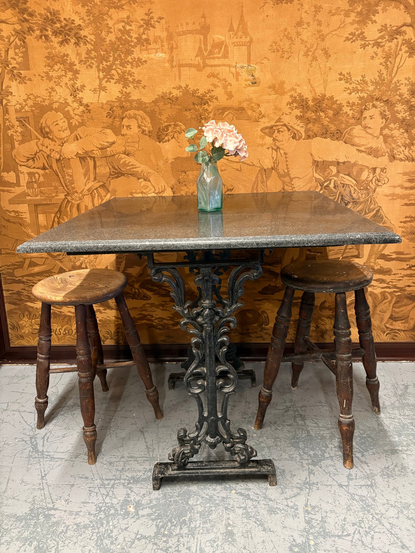 Grey Granite and Antique cast iron base Square indoor outdoor table