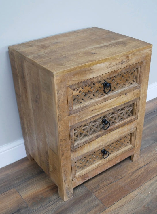 3 drawer Wooden bedside cabinet with carved decorative drawer fronts