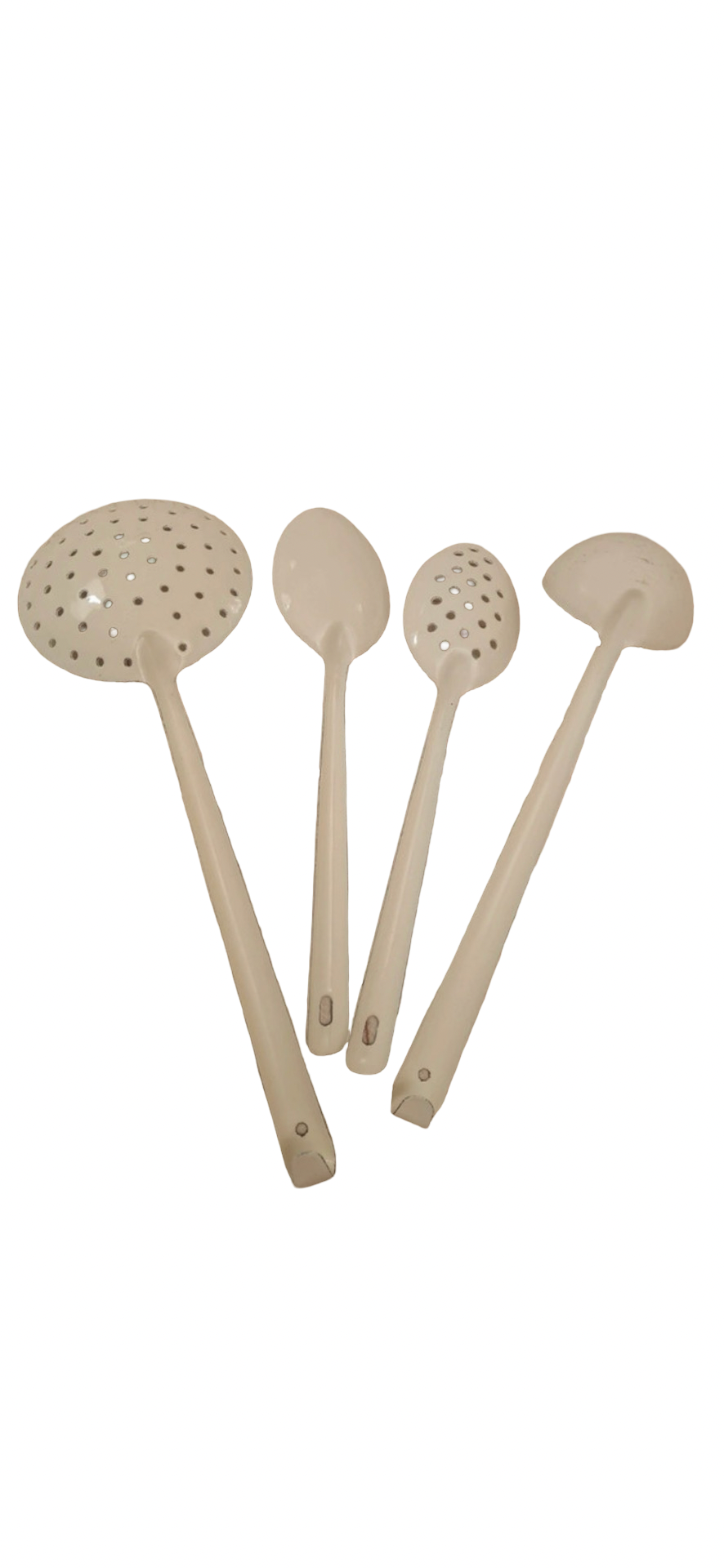 Set of 4 Vintage Cream Enamel Kitchen Cooking Utensils