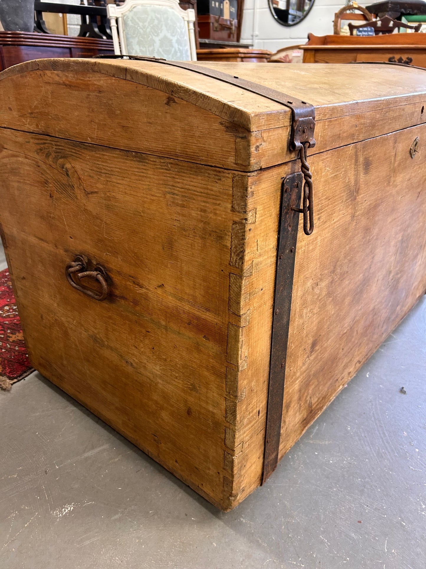 HUGE Late 19thC Pine and metal bound dome topped trunk