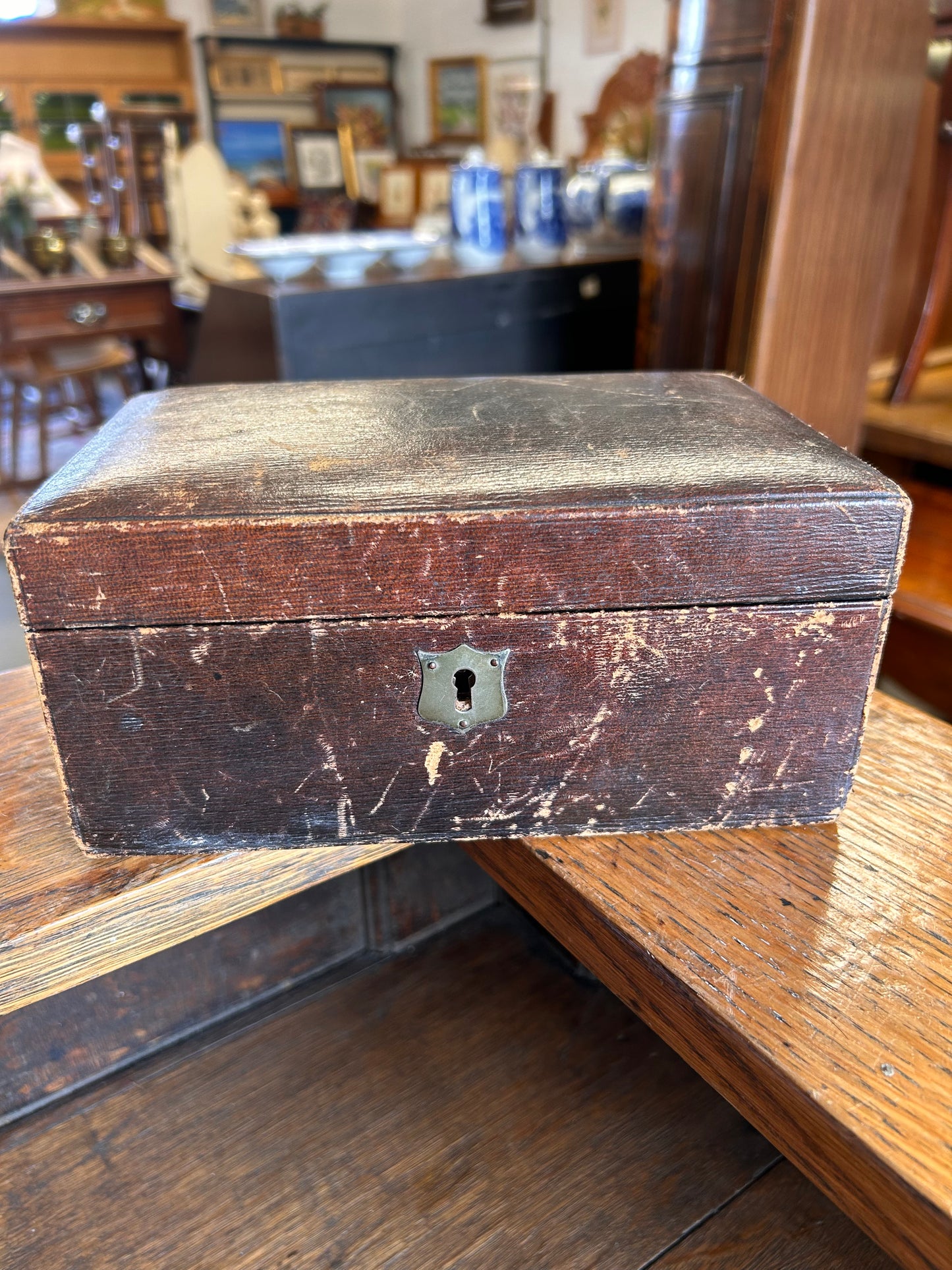 Beautifully faded and worn Victorian jewelry box lined in silk