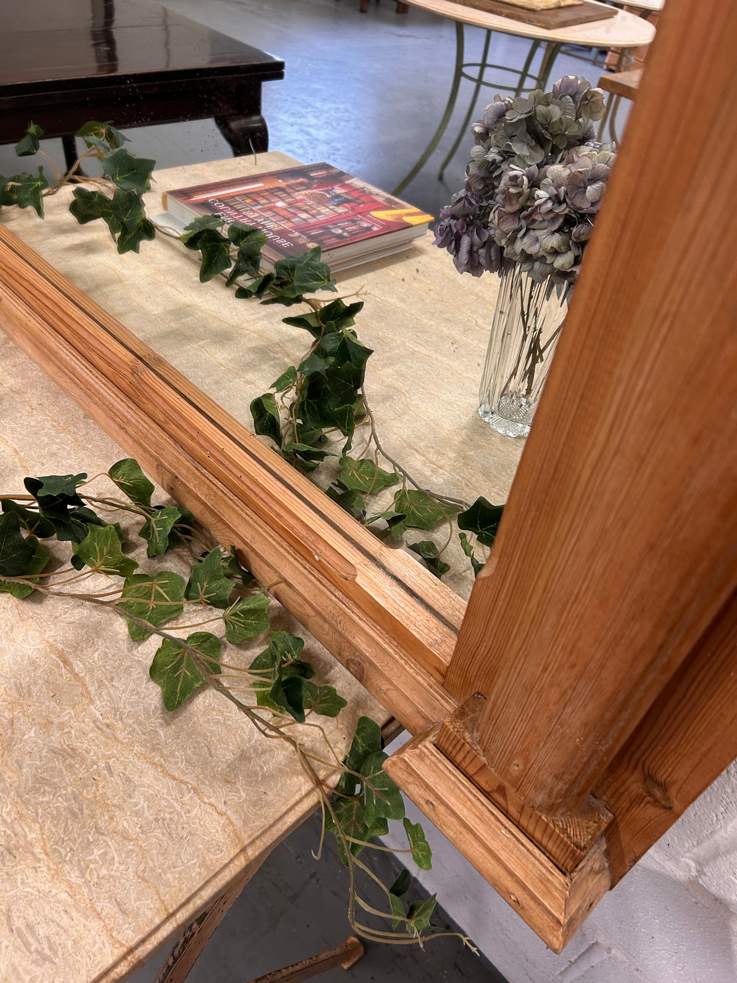 Large Vintage Pine overmantle mirror with Acorn carvings and architectural look to frame design
