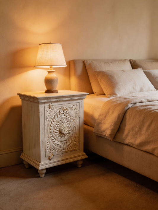 White Bohemian Carved Wooden Bedside Table cupboard storage