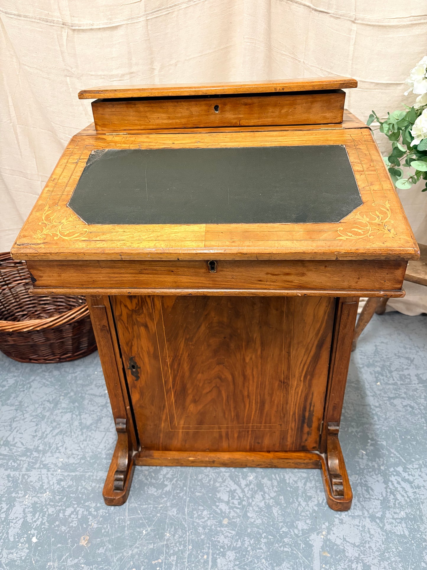 Victorian Antique Inlaid Walnut Davenport Desk - Compact Drawer Storage