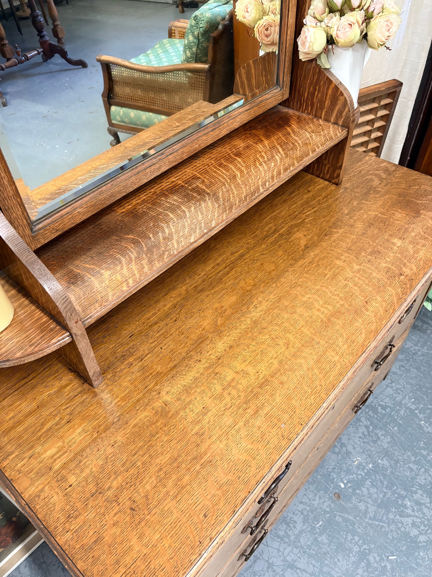 Antique Edwardian Oak Dressing Chest of Drawers with Mirror