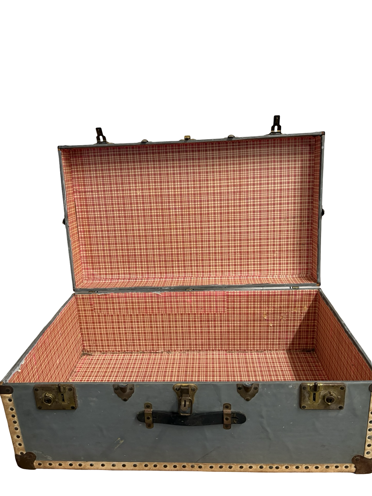 Vintage travel trunk with old labels fab coffee table / storage clean inside