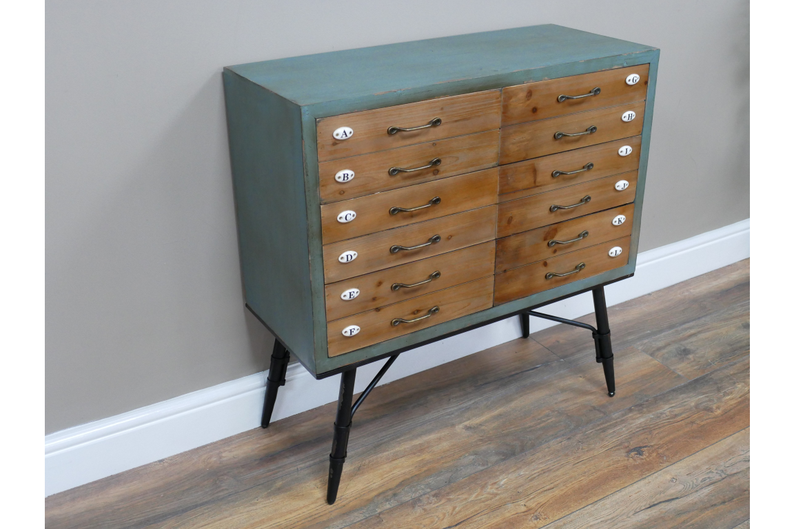 Retro styled chest of 6 drawers part painted Aqua & natural wood finish