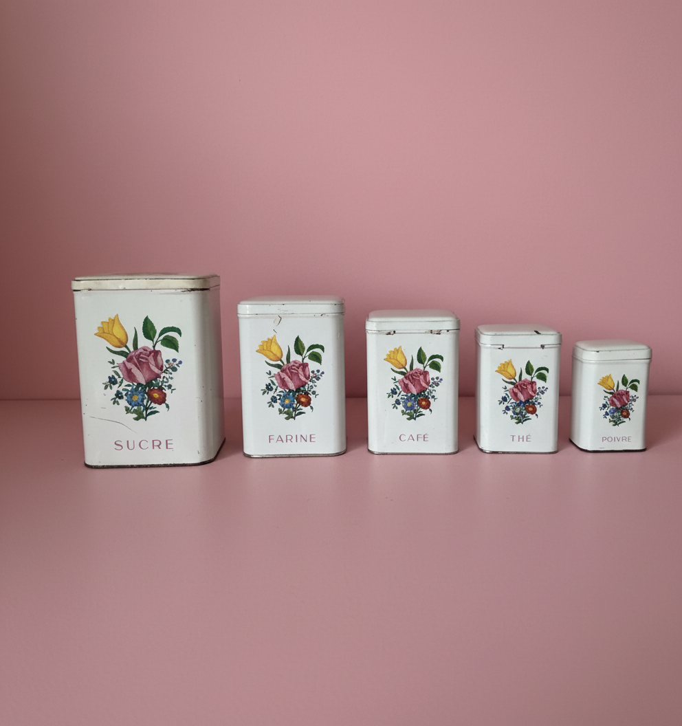 Set of 5 French Metal Storage Cannisters Floral Design 1920’s