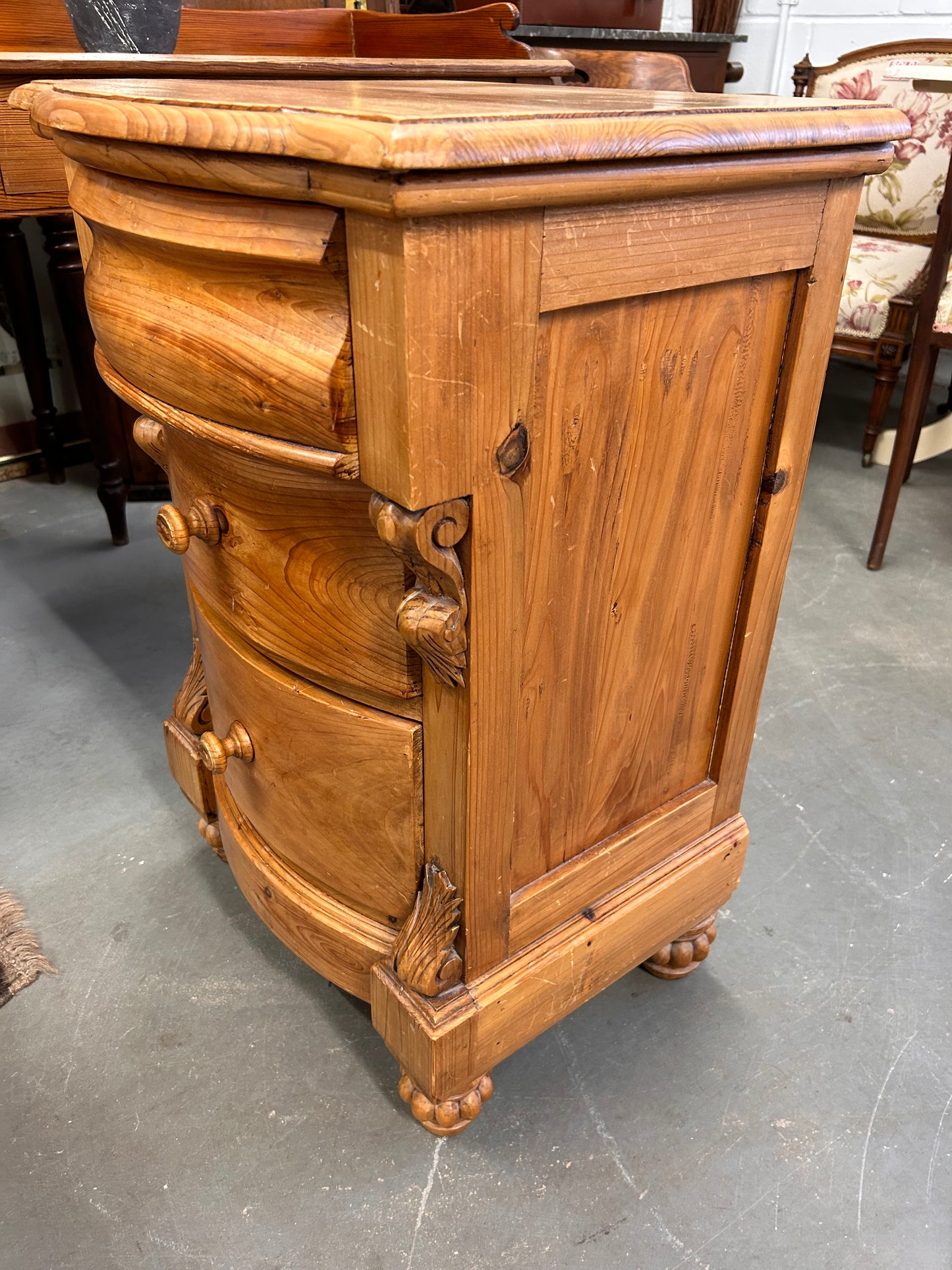 Victorian design pine bow fronted bedside drawer cabinet