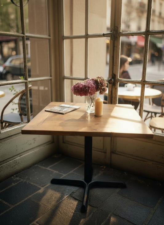 Ex Bistro four seater table thick wooden top black metal base strong Quality