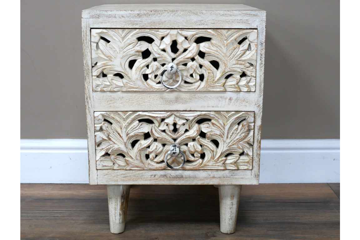 Bohemian Carved white Wooden Bedside Table Drawers storage