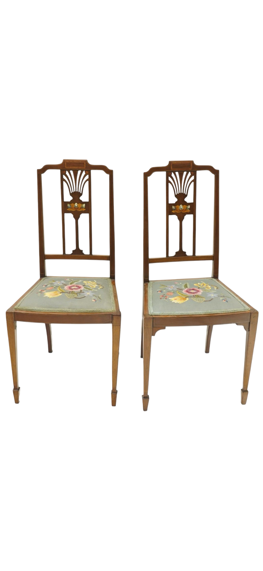 Two Beautiful inlaid mahogany bedroom / side chairs with marquetry panel, needlework seats