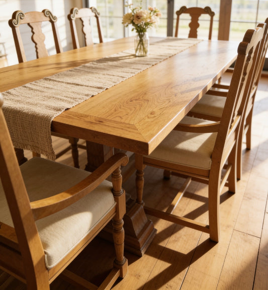 Luxury Quality mango wood dining suite, comprising a refectory dining table and 6 Chairs.