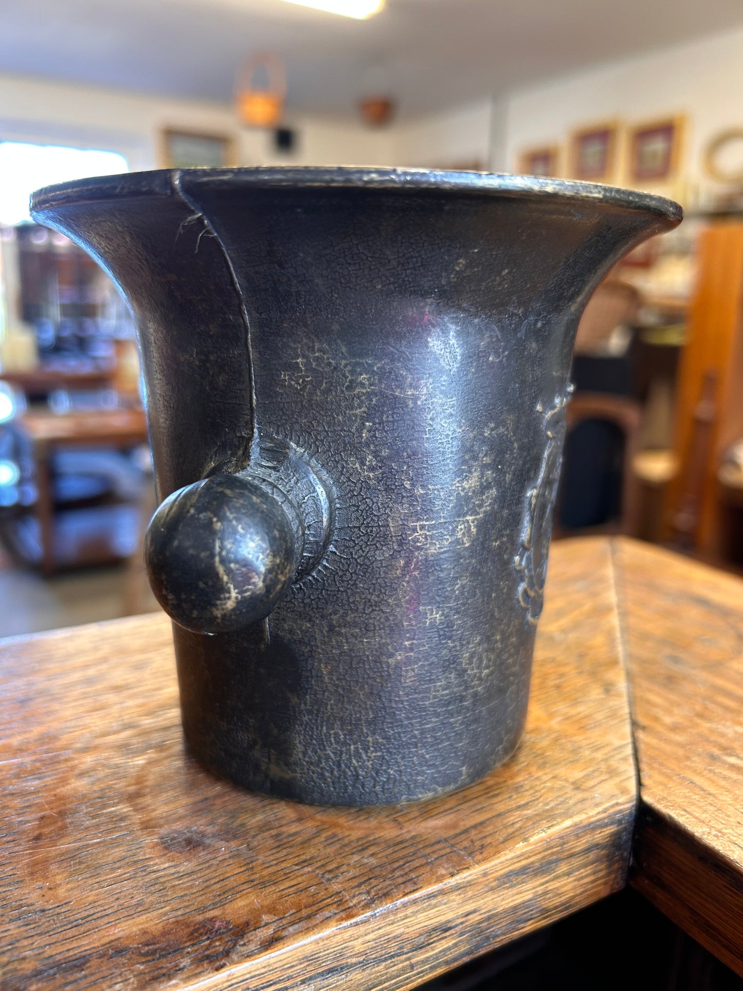 Cast iron vintage pestle and mortar heavy with crest