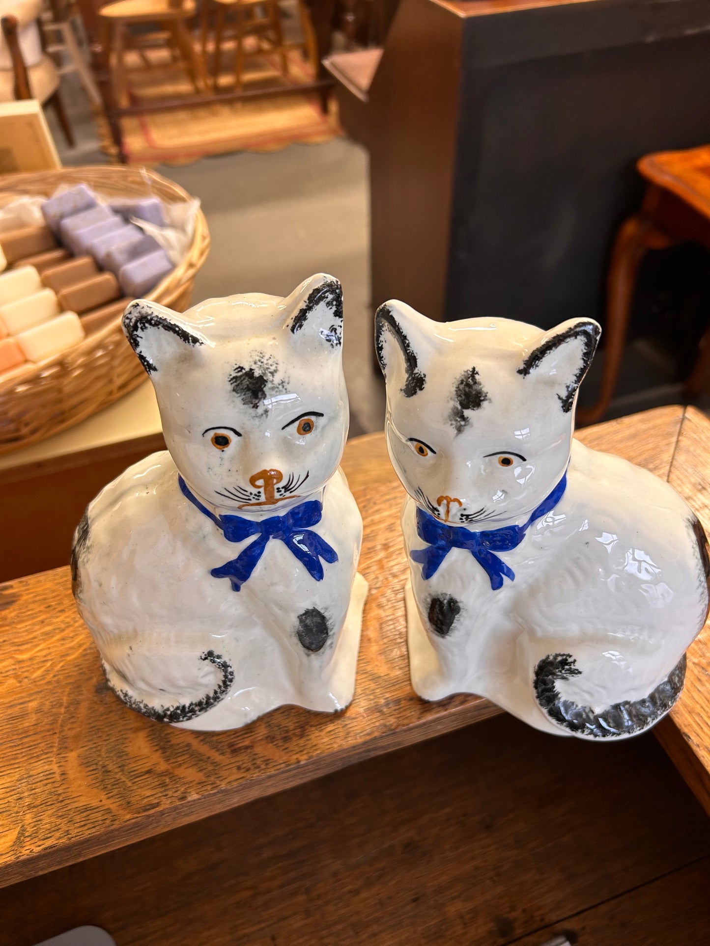 A lovely pair of antique blue white Staffordshire cat figures