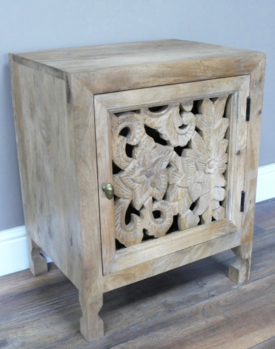 Decorative Carved Solid Wood Bedside Table cupboard storage
